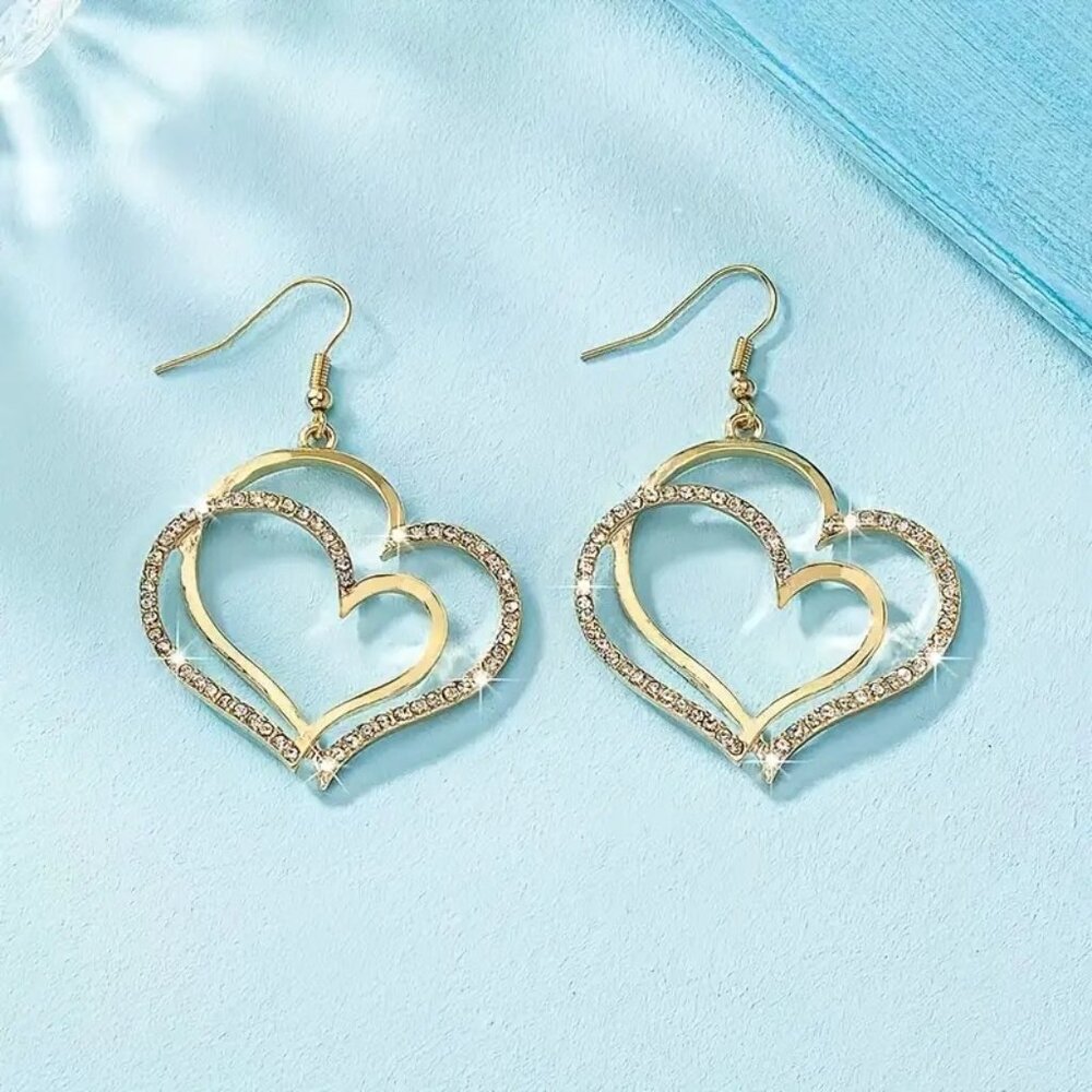 Double Heart Gold Tone Costume Dangle Earrings‎ With Rhinestones